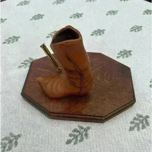 Vintage Cowboy Boot Pen Holder with Wooden Base